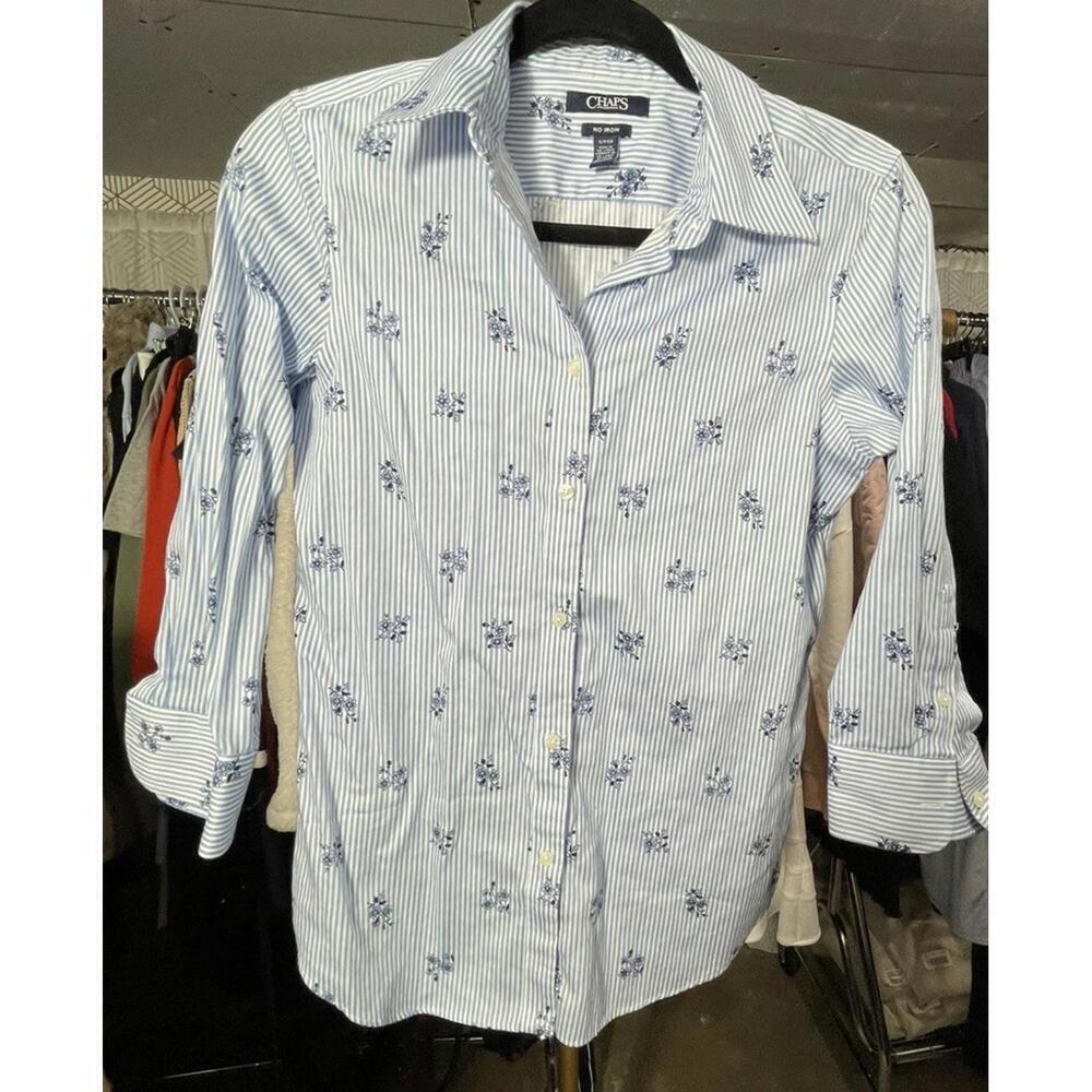 Women's Chaps Blue & White Striped Floral Button Down Shirt Size S
